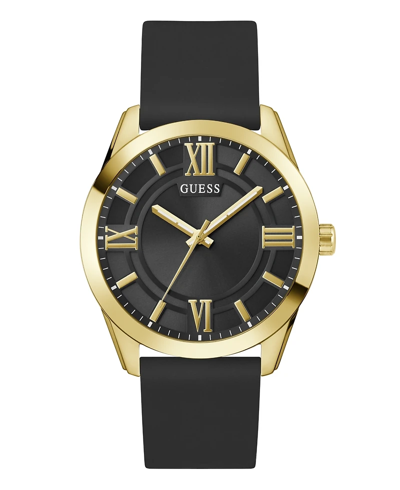 Guess Men's Analog Black Gold-Tone Silicone Strap Watch, 44mm