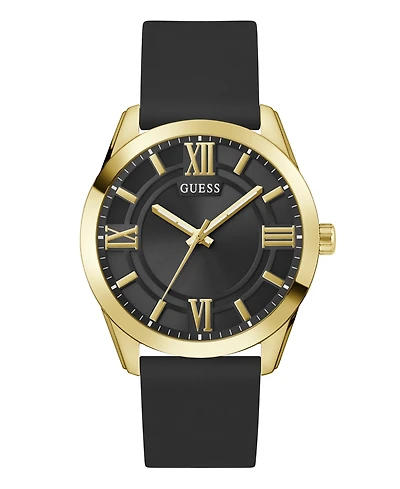 Guess Men's Analog Black Gold-Tone Silicone Strap Watch, 44mm