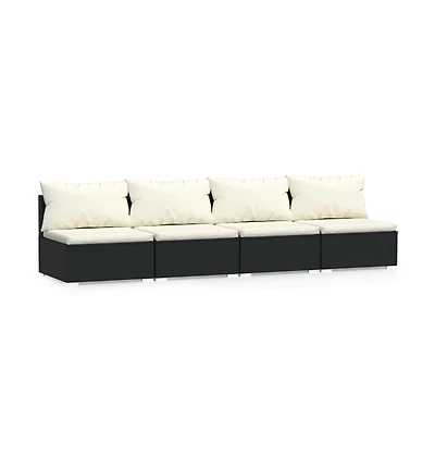 4 Seater Sofa with Cushions Black Poly Rattan