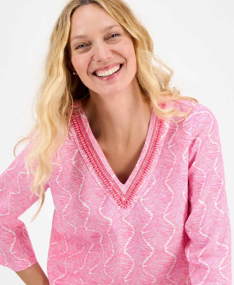 Charter Club Women's Printed 100% Linen Embellished Top, Exclusively at Macy's