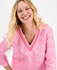 Charter Club Women's Printed 100% Linen Embellished Top, Exclusively at Macy's