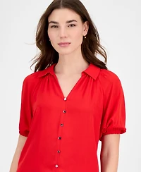 T Tahari Women's Solid-Color Georgette Split-Neck Blouse