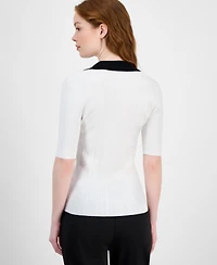 T Tahari Women's Split-Neck Contrast-Trim Sweater