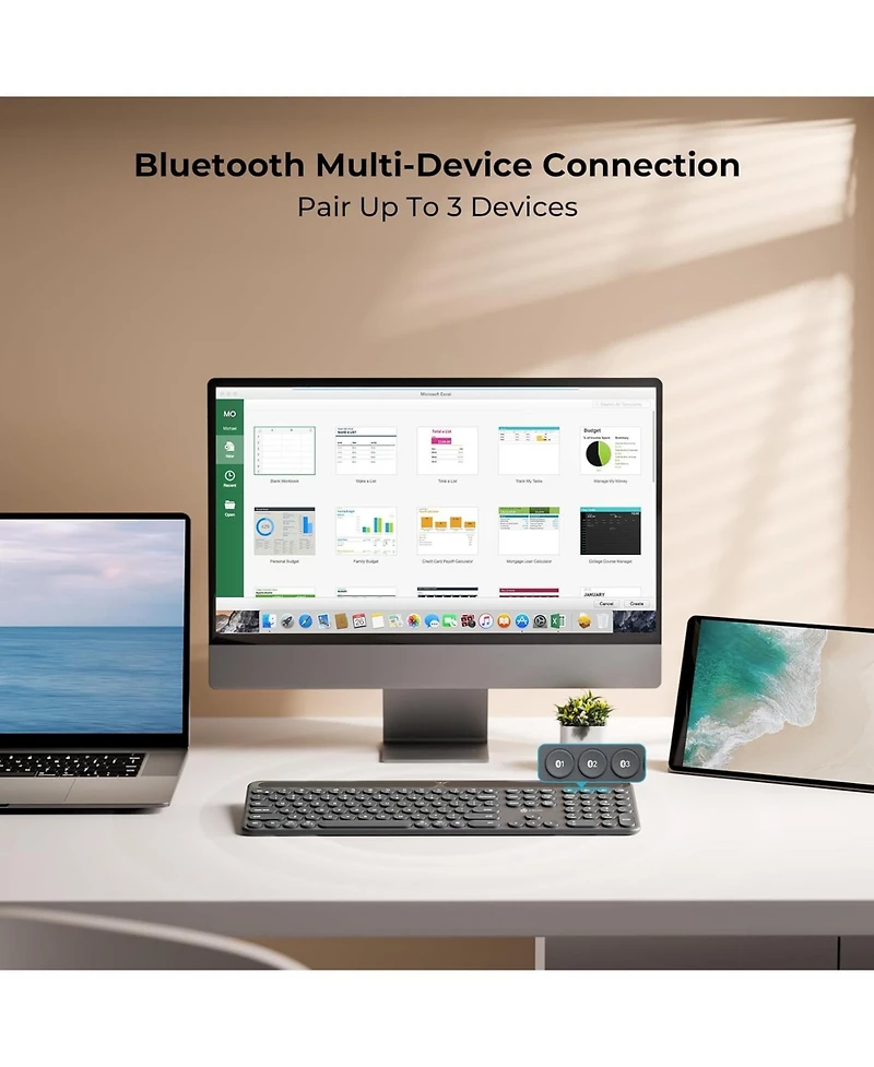 Solar Bluetooth Keyboard, Wireless Keyboard with Solar & Indoor Light Charging, Full Size, 3-Device Connectivity