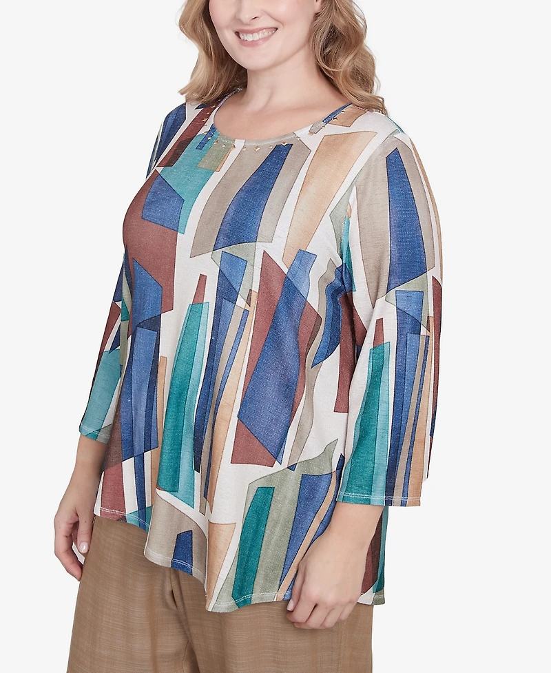 Alfred Dunner Plus Summer Solstice Abstract Stained Glass Crew Neck Top