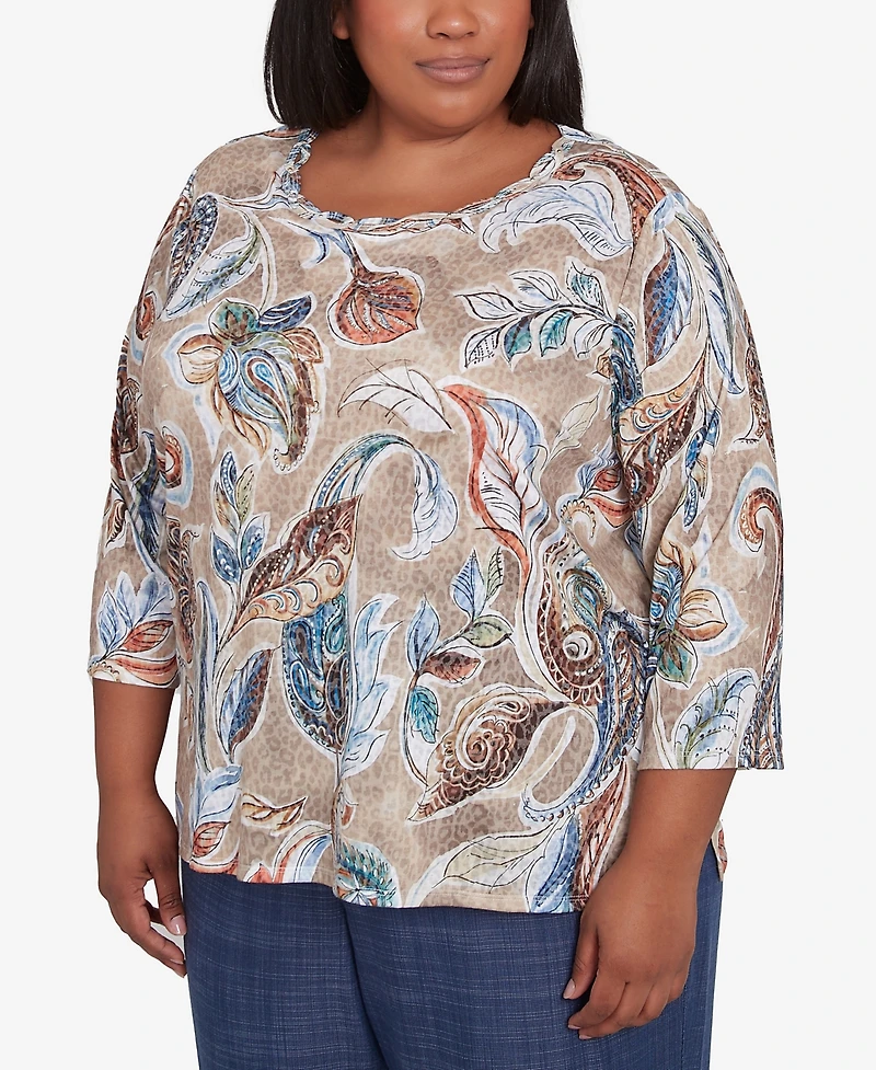 Alfred Dunner Plus Size Summer Solstice Twisted Crew Neck Paisley Top