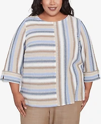 Alfred Dunner Plus Summer Solstice Spliced Stripe Button Shoulder Crew Neck Top