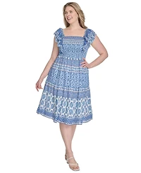 Eliza J Plus Printed Square-Neck Cap-Sleeve Dress
