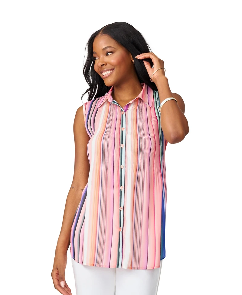 Cable & Gauge Women's Collared Sleeveless Pleated Top