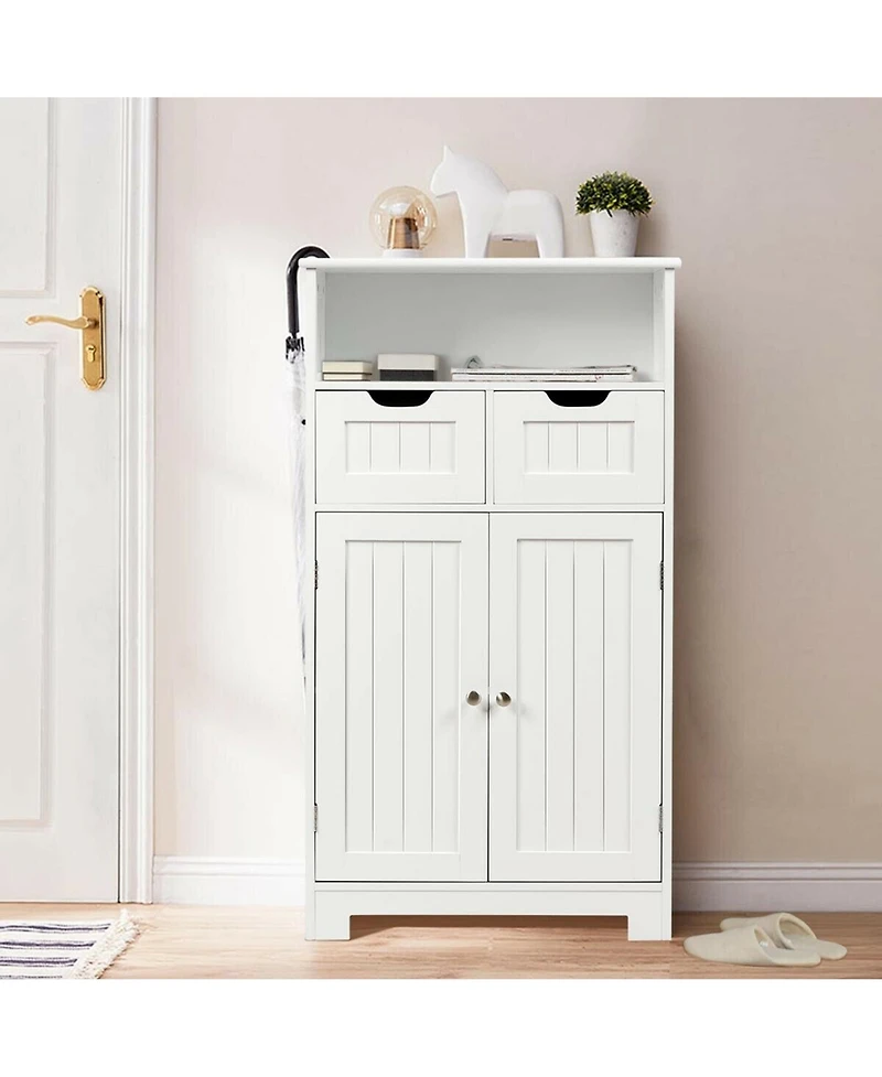 Gymax Bathroom Floor Cabinet Wooden Storage Organizer Side Cabinet W/2 Drawer 2 Doors