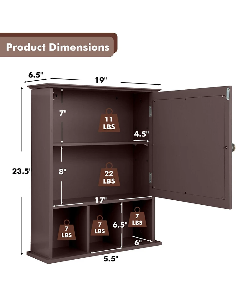 Gymax Mirrored Medicine Cabinet Bathroom Wall Mounted Storage W/Adjustable Shelf Brown