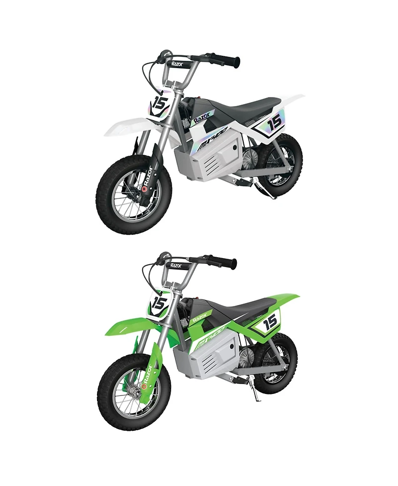 Razor MX400 Dirt Rocket 24V Ride On High-Torque Electric Motocross Motorcycle Toy Dirt Bikes, Speeds up to 14 Mph, for Ages 13+, 1 White & 1 Green