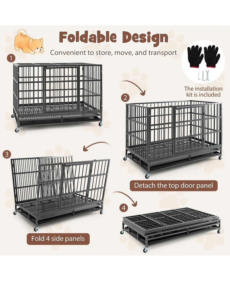 Foldable Metal Dog Cage with Lockable Casters and Tray – Heavy-Duty Pet Crate for Home or Travel