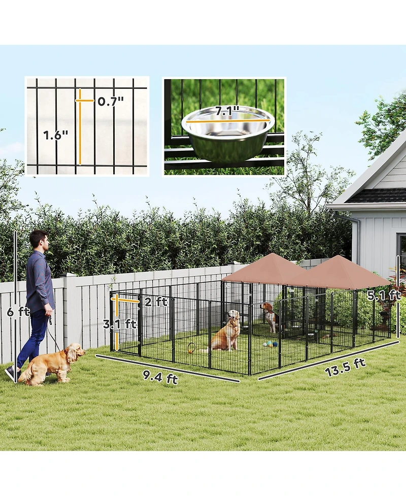 PawHut Dog Kennel Outdoor with Rotating & Adjustable Height Bowls, 2 Rooms