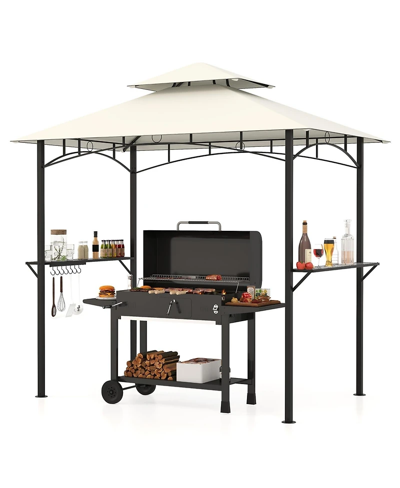 Outdoor Double-Tiered Grill Gazebo Canopy with 2 Shelves and 7 Hooks