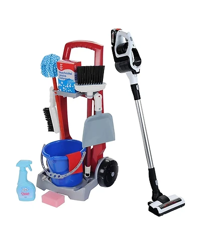 Theo Klein 11 Piece Kids Pretend Play Cleaning Cart Set with Vacuum, Mop, Broom, Bucket, Dustpan, Bottle, & Supplies for Children Ages 3 Years and Up