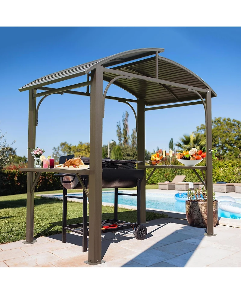 8x5FT Arc Roof, Grill Canopy for Outdoor w/Double Galvanized Steel Roof and 2 Side Shelves, Bbq Gazebo Tent, Grey