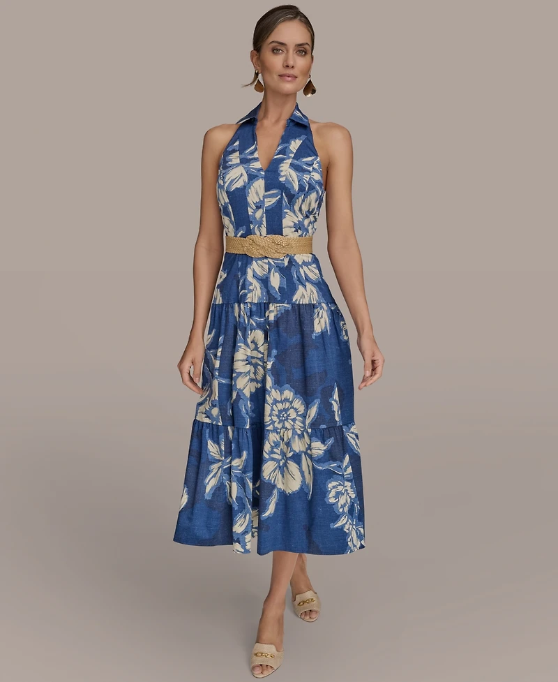 Donna Karan New York Women's Halter Belted Floral Print Midi Dress