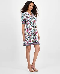julia jordan Women's Printed Tie-Neck Short-Puff-Sleeve Dresss