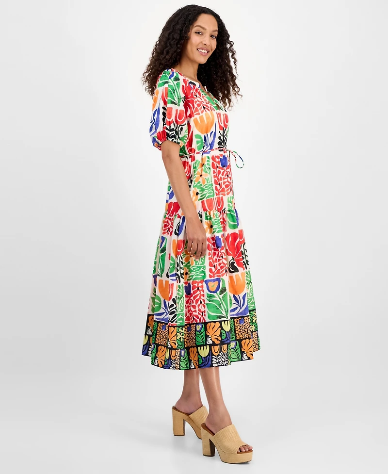 julia jordan Women's Printed V-Neck Puff-Sleeve Midi Dress