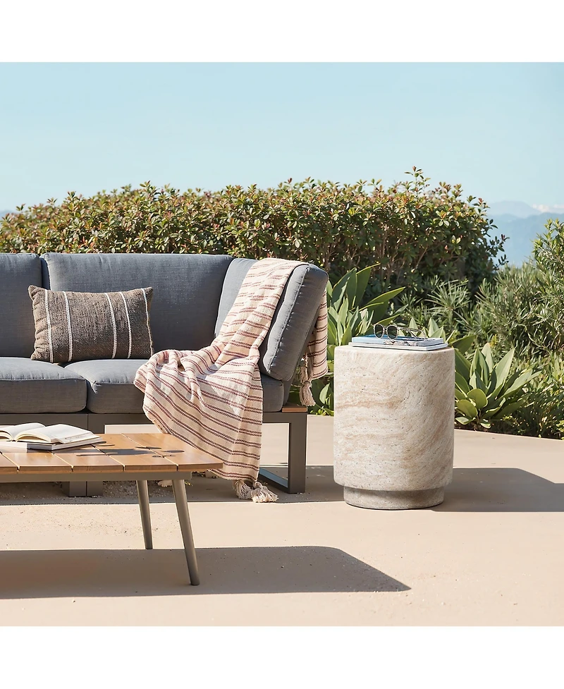 LuxenHome Travertine-Style Round Textured MgO Side Table
