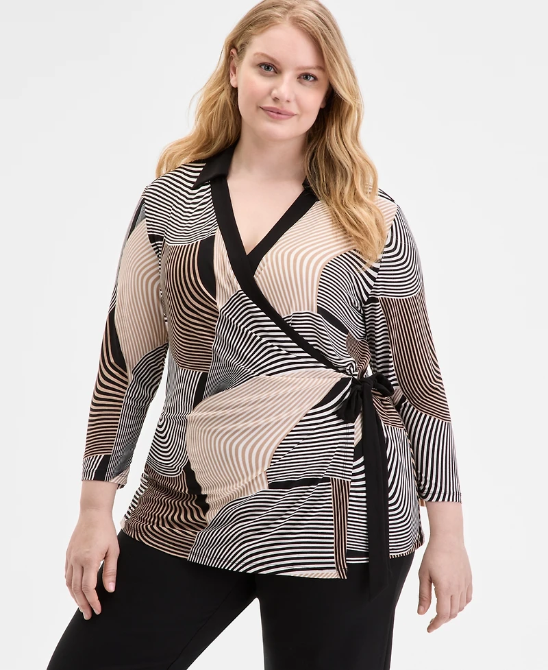 Anne Klein Plus Printed 3/4-Sleeve Wrap Top