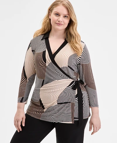 Anne Klein Plus Printed 3/4-Sleeve Wrap Top