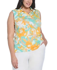 Rafaella Plus Floral Print Ribbed Sleeveless Polo T-Shirt