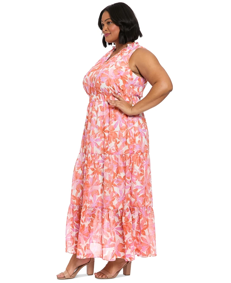 London Times Plus Size Floral V-Neck Tiered Maxi Dress