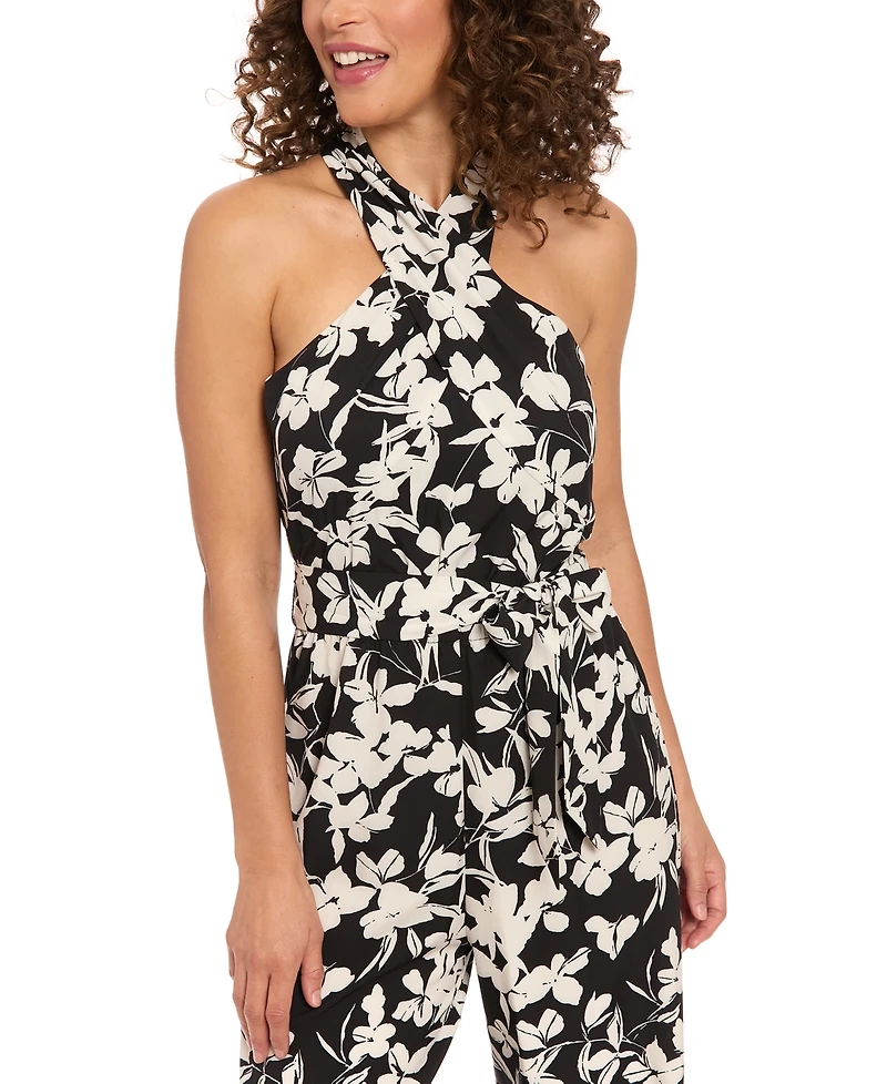 London Times Petite Cross-Neck Tie-Waist Sleeveless Jumpsuit