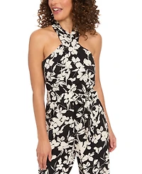 London Times Petite Cross-Neck Tie-Waist Sleeveless Jumpsuit