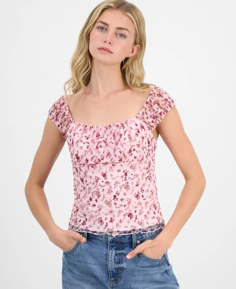 Madden Girl Juniors' Floral Printed Lace Cap-Sleeve Top