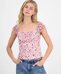 Madden Girl Juniors' Floral Printed Lace Cap-Sleeve Top