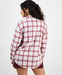 Just Polly Juniors' Girlfriend Frayed-Hem Plaid Shirt