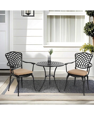 Streamdale 3-Piece Patio Bistro Set Cast Aluminum Table, 2 Chairs, Umbrella Hole, Cushions (Black)