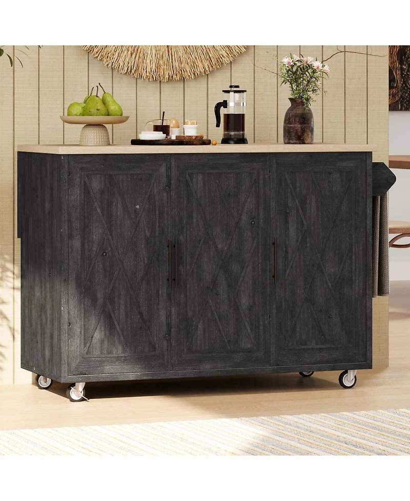Streamdale Geometric Twill Kitchen Island with Drop Leaf, Rolling Storage Cart with Towel Rack (Black