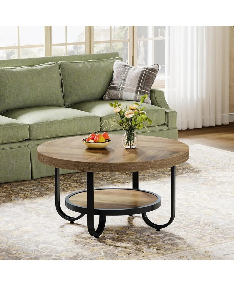 Tribesigns Round Coffee Table for Living Room, 2-Tier Center Table with Storage Shelf, 31.1-Inch Industrial Cocktail Tea Table with Sturdy Curved Meta