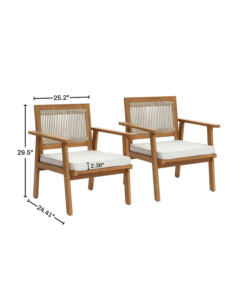 LuxenHome Outdoor Acacia Wood Rope Back Armchairs with Cushions, Set of 2