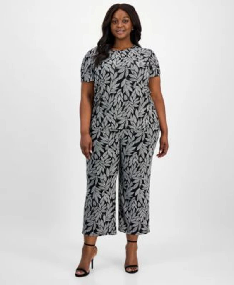 Ak Anne Klein Plus Size Printed Tulip Sleeve Top Wide Leg Pants