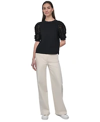 Dkny Jeans Women's Mixed Media Lace-Sleeve Top