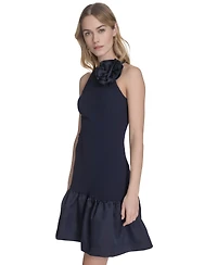 Eliza J Petite Rosette-Trim Taffeta-Skirt Dress