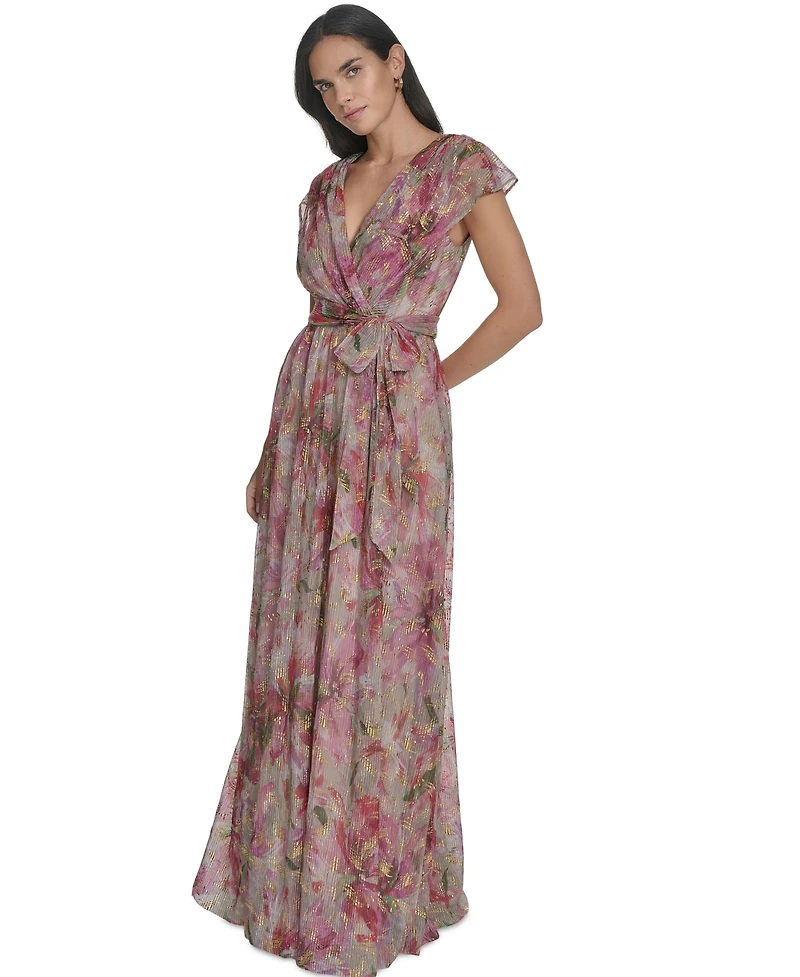 Jessica Howard Petite Extended-Shoulder Tie-Waist Metallic Gown