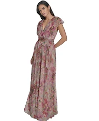 Jessica Howard Petite Extended-Shoulder Tie-Waist Metallic Gown