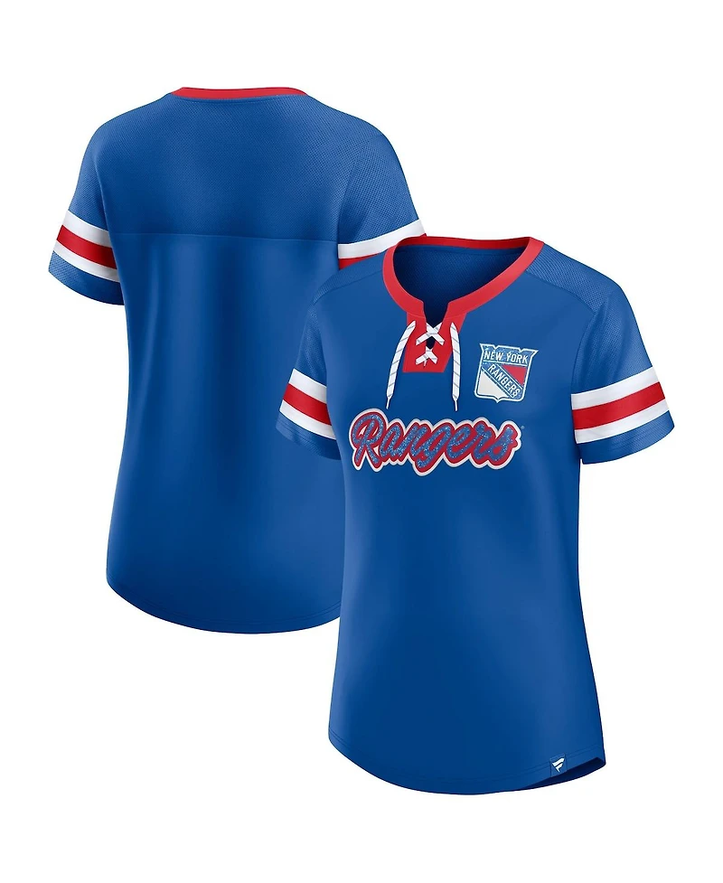 Fanatics Women's Blue New York Rangers Iconic Athena Lace-Up T-Shirt