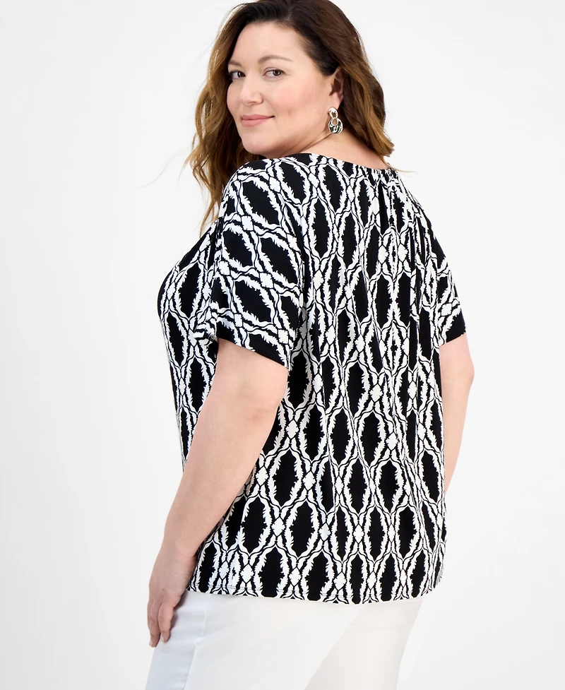 Jm Collection Plus Printed Shirred Tee