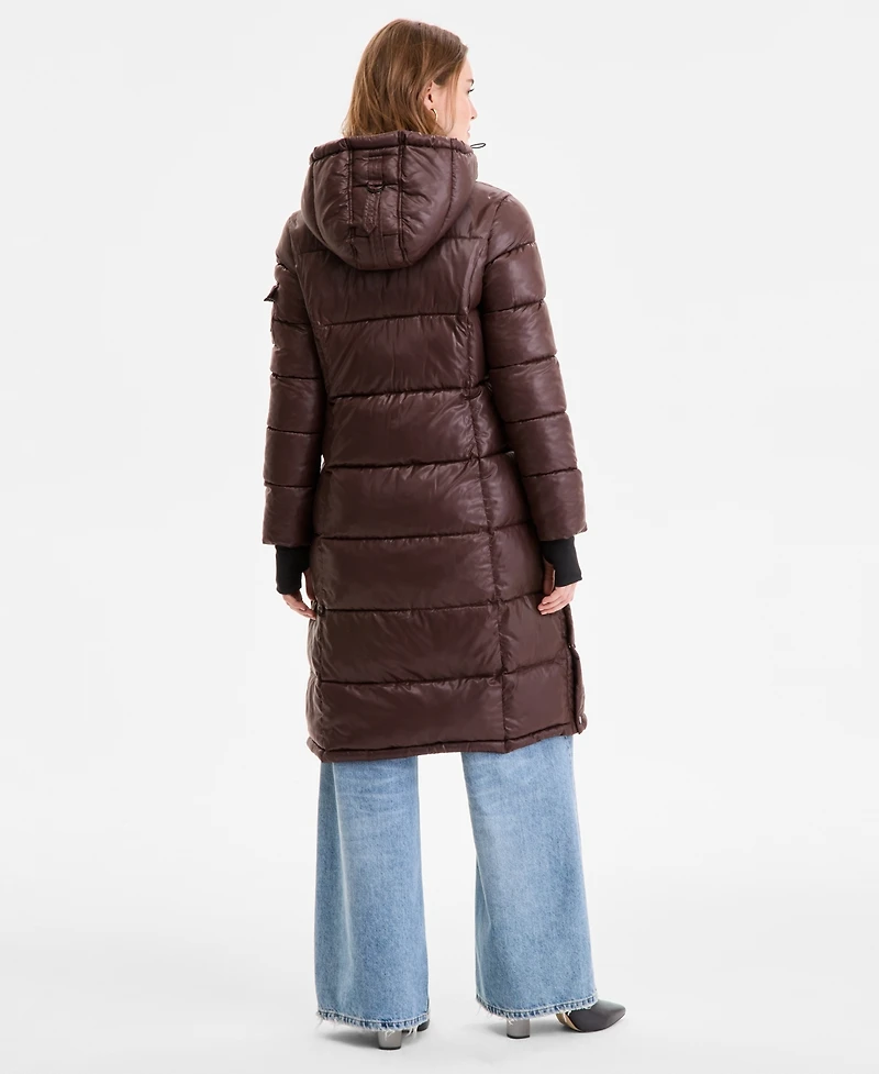 Steve Madden Women's Shiny Hooded Maxi Puffer Coat