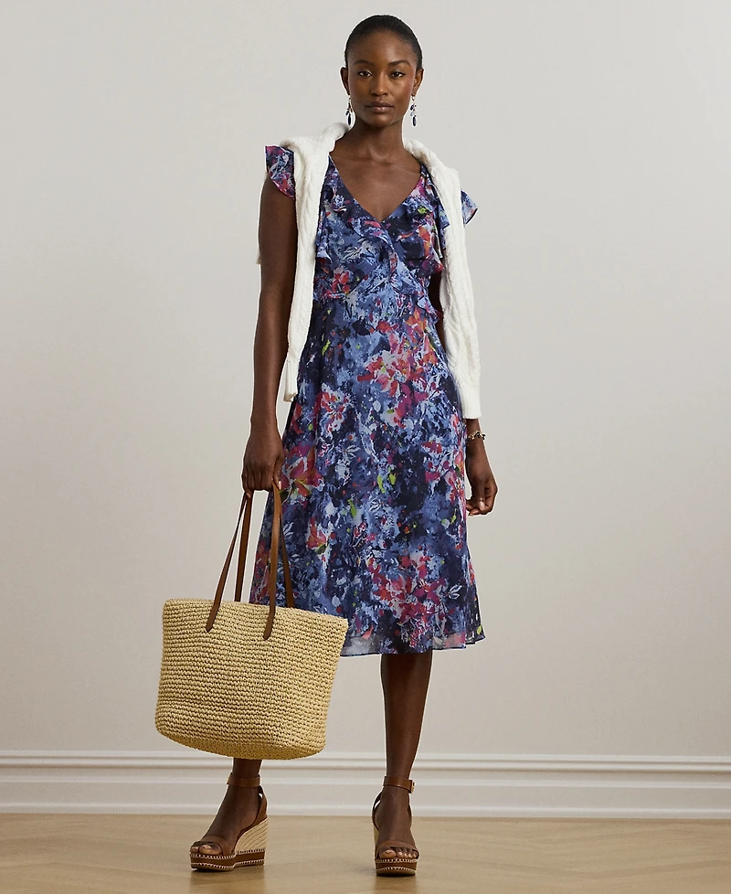 Lauren Ralph Petite Print Ruffle-Trim Georgette Midi Dress