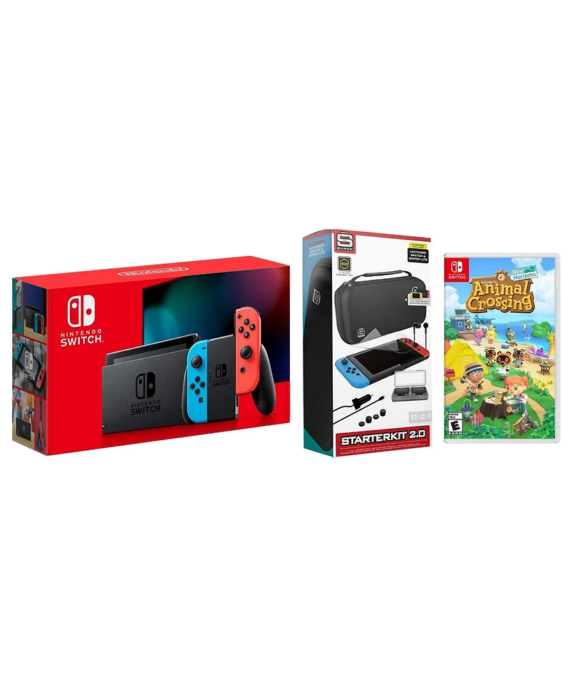 Nintendo Switch 32GB Console Neon Red/Blue Joy-Con Bundle with Surge 11-In-1 Accessory Starter Pack and Animal Crossing: New Horizons