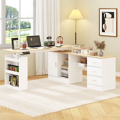 Famapy 63 in. W L- Shaped Adjustable Height Desk Ergonomic Stand Up Desk White Home Office Sit With Memory Preset Controller