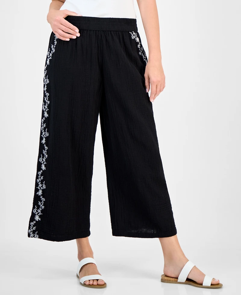 Style & Co Petite Cotton Embroidered Pull-On Gauze Pants, Exclusively at Macy's
